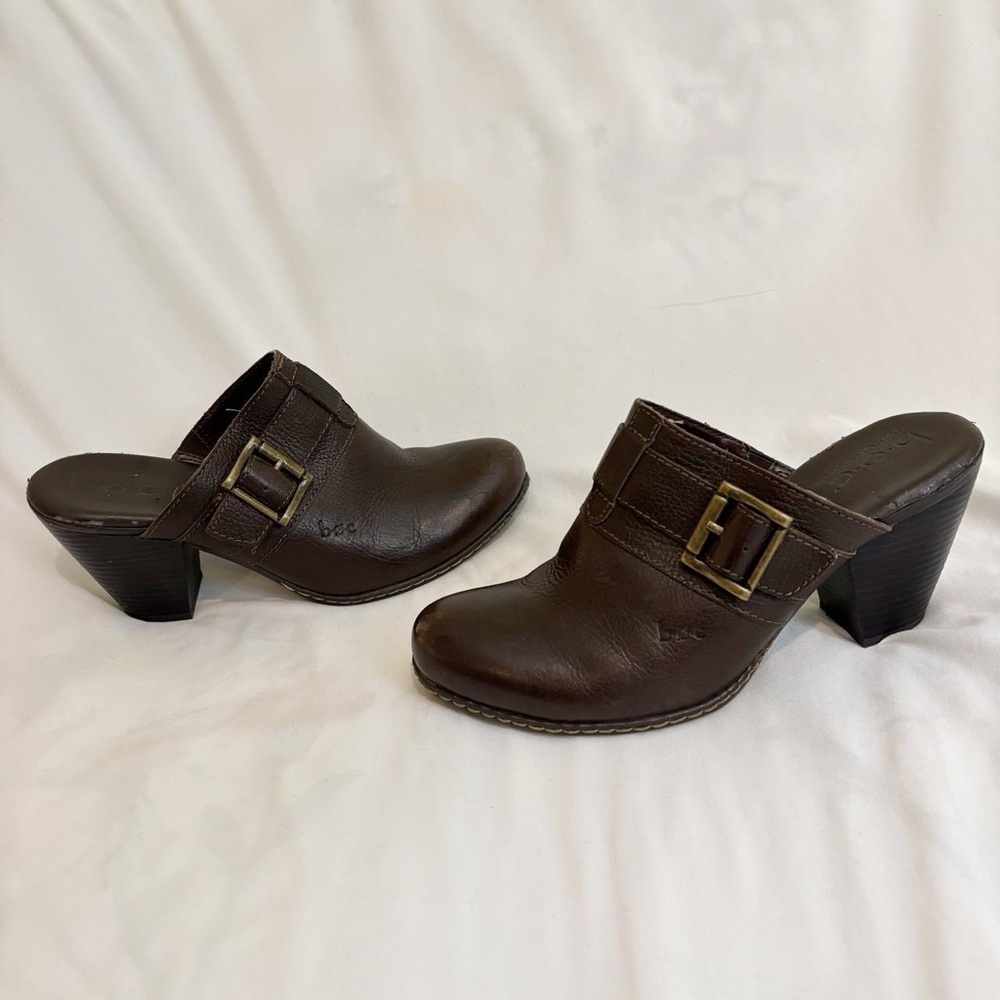 Brown Leather‎ Chunky Mules with Block Heel and Buckle by b.o.c Y2K Boho